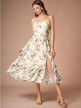Azazie Strapless Floral Midi Dress in White and Purple